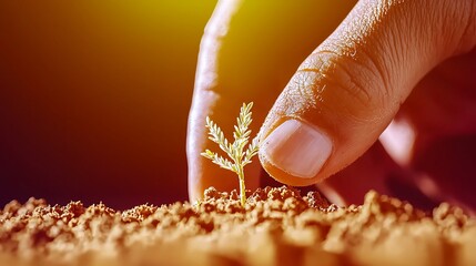 A person gently planting a small seedling in rich soil, symbolizing growth and nurturing in nature