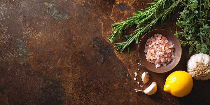 Brown textured background with herbs, pink salt, garlic, and lemon.  Food photography style, showcasing culinary ingredients. Ideal for recipe blogs or cooking websites.