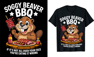 Funny Soggy Beaver BBQ Mascot with Ribs and Sauce – Humorous Barbecue Cartoon Vector