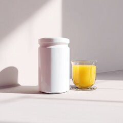 Sunlit Minimalist Still Life: Blank Supplement Jar and Orange Juice