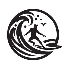 surfer on wave vector silhouette line art illustration