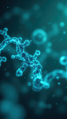 Illustration of a GLP-1 molecule with surrounding water bubbles, showcasing its structure and hydrophilic properties.
