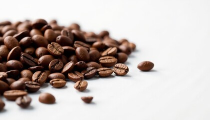 Naklejka premium Coffee beans scattered on a white surface , coffee beans, white background