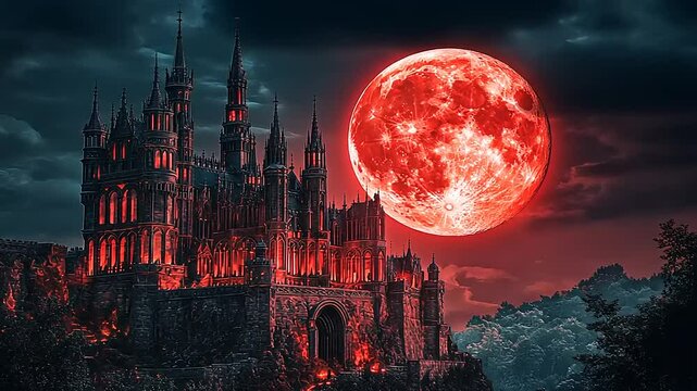 Dark Fantasy Castle Under a Blood Moon Surrounded by Mysterious Forest Landscape