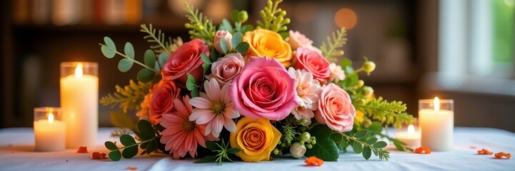 Naklejka premium Colorful bouquet of flowers arranged on a white tablecloth with candles in the background, floral arrangement, interior design