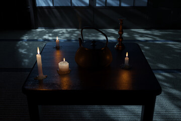 teapot surrounded by candlelight in a traditional japanese house at night. 3D Rendering