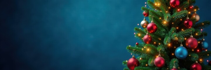 Naklejka premium Colorful Christmas tree with ornaments and lights against blue background, festive atmosphere, modern design,