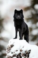 Naklejka premium Black wolf standing proud on snowy rise in cold winter nature, serene background