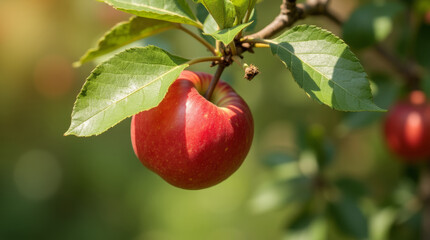 Red apple hanging on a branch in the sunlight in the garden