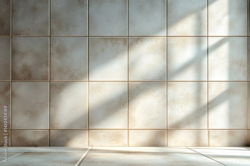 Poster sunlight illuminating tiled wall and floor in empty room