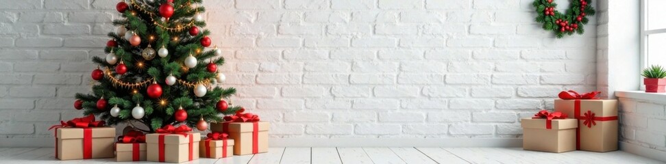 Obraz premium Decorated Christmas tree with gift boxes on white brick wall, winter scenery, decorative tree, holiday decor