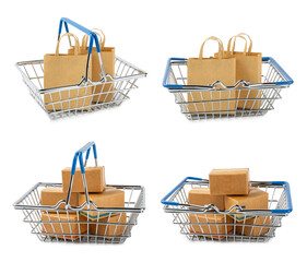 Online shopping concept.Cardboard box and shopping bags in a trolley isolated on white background....