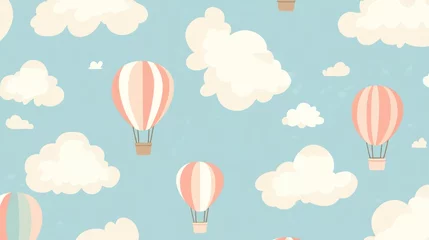 Cute hot air balloons in a sky with clouds.  Background pattern.  Kids wallpaper