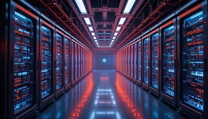 Fototapeta premium Futuristic Server Room with Red and Blue Neon Lights