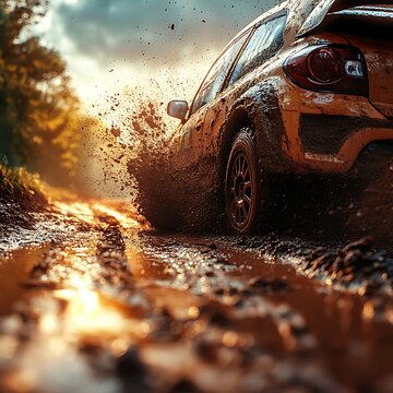 ally car drifting on dirt road with mud splashing picture