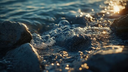 Obraz premium The ocean water gently laps over coastal rocks during the day