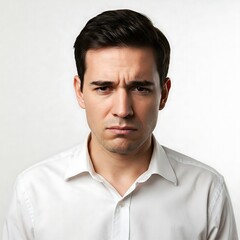 Fototapeta premium Unhappy Young Man in White Shirt with Frowning Expression