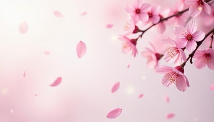 Delicate pink sakura petals fall gently on a soft white background, creating a whimsical atmosphere, pink, subtle