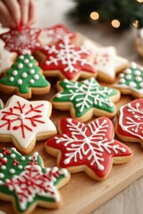 Decorating festive cookies on board; winter holiday treats with lights backdrop