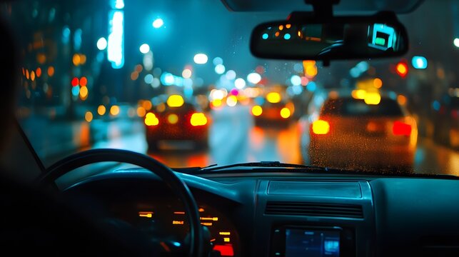 City lights: Capturing the driver's perspective within a car, the image showcases the blurred, vibrant lights of a bustling city at night, with car taillights creating a dynamic visual narrative.