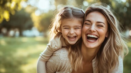 Fototapeta premium Joyful Moments: Mother and Daughter Laughing Outdoors Together