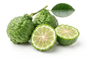 Obraz premium Fresh green bergamots isolated on white background. Fresh green bergamots isolated on a white background, showcasing their vibrant appearance and fresh texture