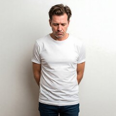 Obraz premium Thoughtful Man in White T-shirt Looking Down with Hands Behind Back
