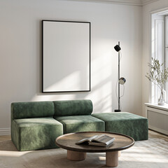 Frame mockup, ISO A paper size. Living room wall poster mockup. Interior mockup with house background. Modern interior design. 3D render
