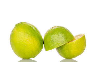 Several juicy limes isolated on white background, close-up.