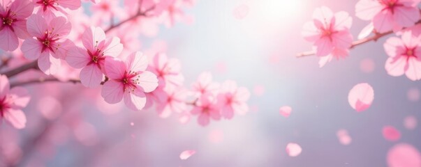 Fototapeta premium Soft abstract pink sakura petal fragments suspended in mid-air against a pastel-colored winter sky, pink blossoms, cherry petals