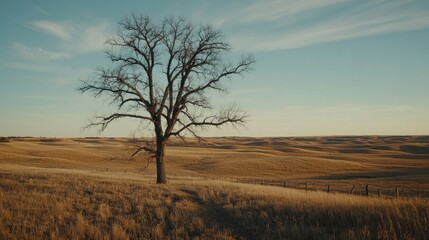 Obraz premium A lone bare tree stands in a field on a sunny day