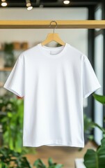 Casual white t-shirt hanging on a wooden hanger in a green environment.