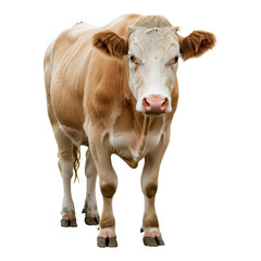 Brown cow facing left, head slightly turned forward
