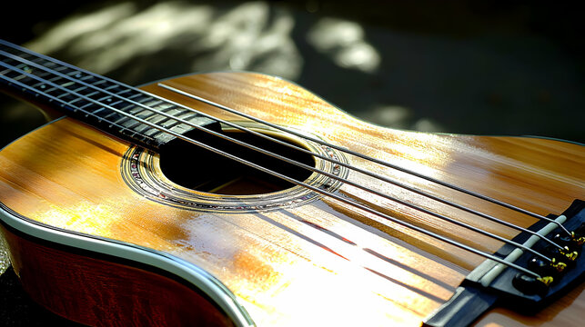 Closeup Wooden Acoustic Guitar Under Sunlight