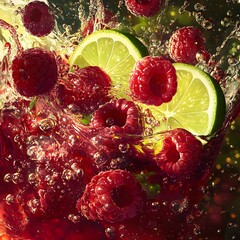 Vibrant Splash of Raspberries and Limes in Refreshing Liquid