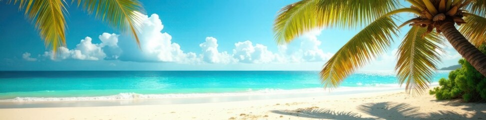 Fototapeta premium Palm trees sway gently in the ocean breeze amidst warm sandy dunes and turquoise waters , tropical, turquoise
