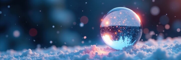 Iridescent orb suspended in mid-air amidst swirling snowflakes, abstract, snowflakes, crystal