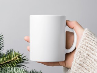 Hand holding a white mug with a cozy sweater background.