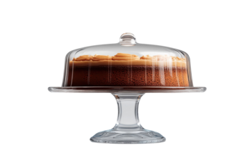 Delicious caramel cake under glass dome on elegant cake stand studio shot on transparent background