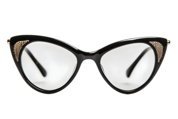 Cat-eye glasses. Black frames feature gold accents. Lenses are clear. Stylish, feminine and elegant