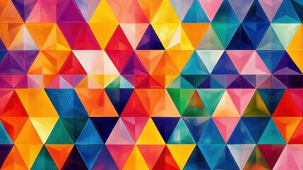 A vibrant abstract composition of overlapping triangles in a variety of bright colors.