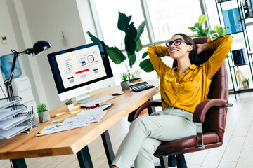 Young businesswoman enjoying a relaxed moment in a modern office setting with stylish decor and professional workspace