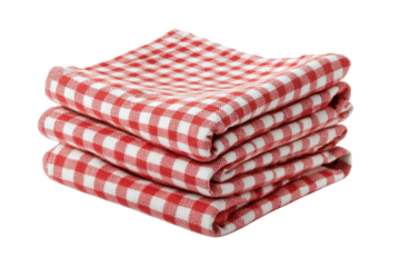 Stack of red gingham kitchen towels neatly folded ready for use Clean on transparent background