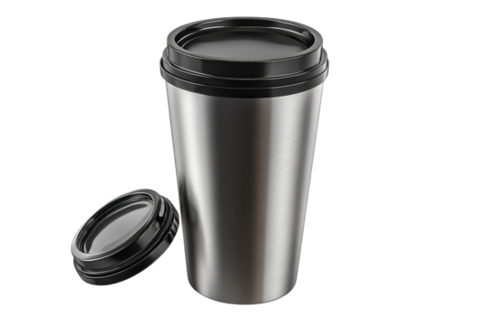 Sleek silver travel mug with black lid perfect for coffee on the go studio on transparent background