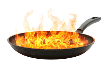 Frying pan engulfed in intense flames fiery cooking disaster dark on transparent background