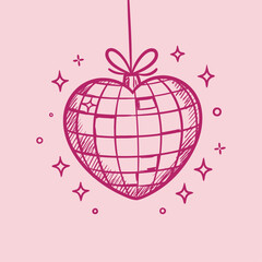 Sketchy heart shaped disco ball vector icon isolated hand drawn mirror ball illustration with sparkles, cute retro 70s symbol for love party or wedding celebration design