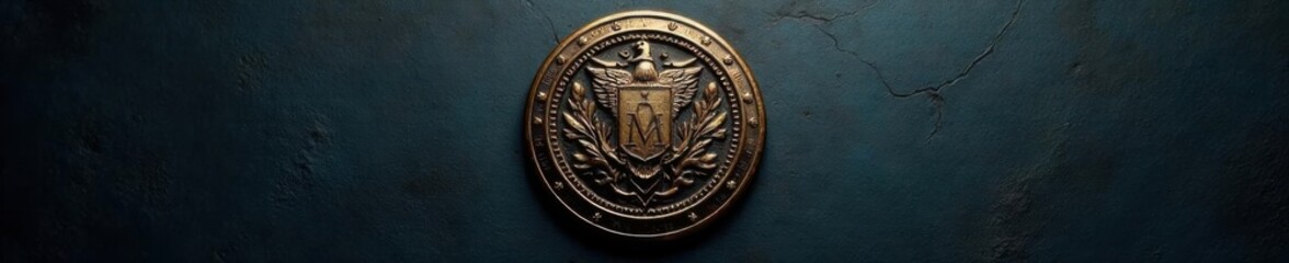 Circular metal badge with intricate pin design on a dark background, isolated, circular, pin