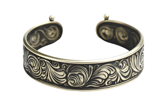 Ornate open-ended bracelet with intricate floral and swirling designs, with small spherical ends