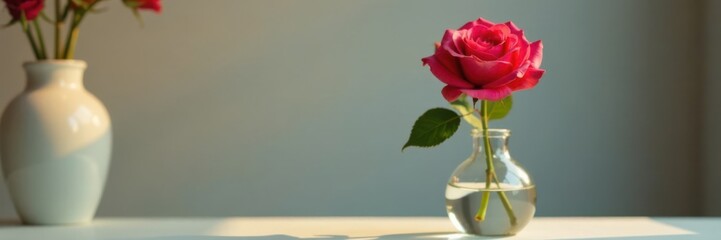 Fototapeta premium A single rose in a minimalist vase with soft focus and warm lighting, beauty products, rose