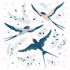 Illustration with swallows flying gracefully on background with branches and leaves. Soft monochrome colors and graceful lines create a soothing atmosphere suitable for natural design, illustrations 